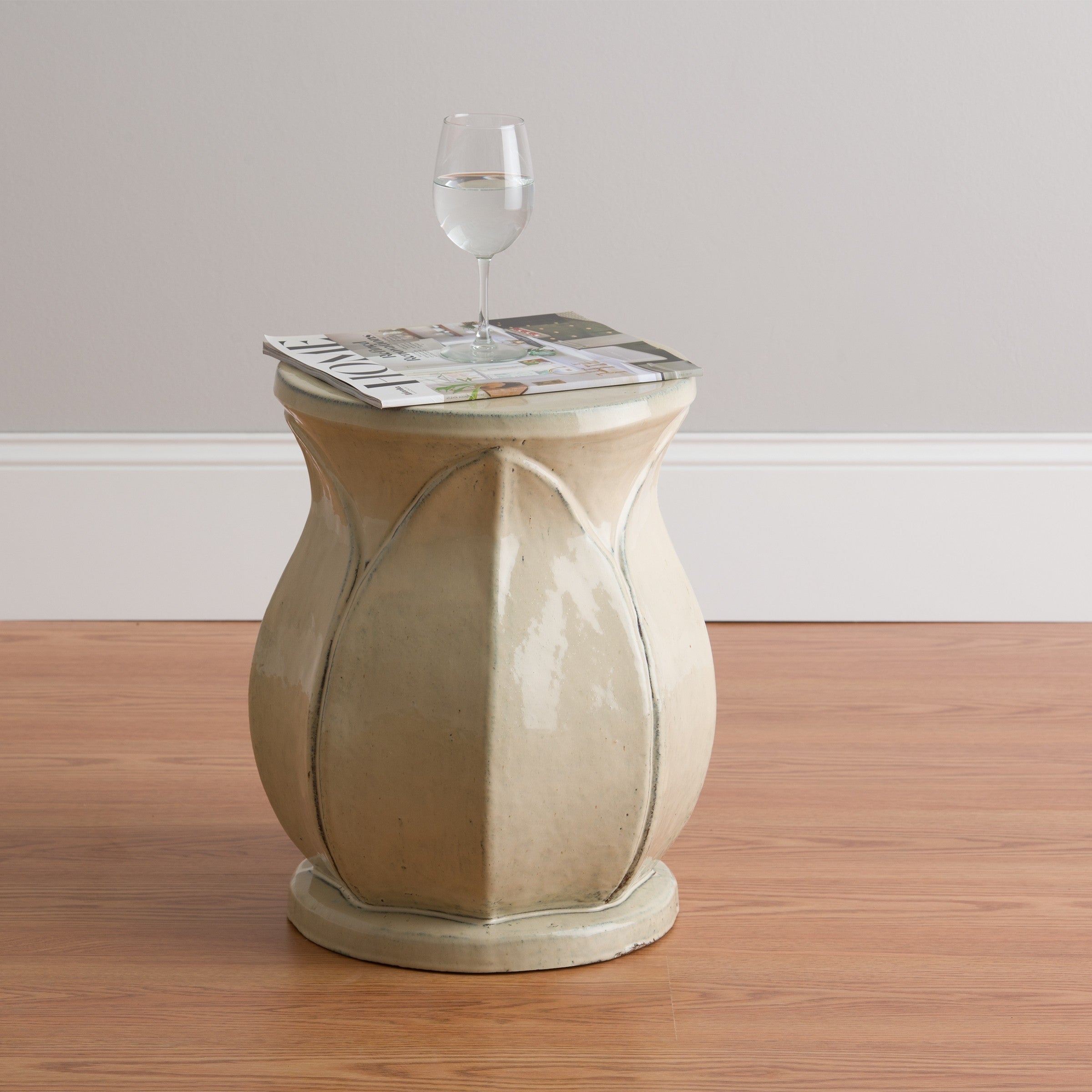 18 in. Lotus Ceramic Garden Stool/Table with a Cream Glaze