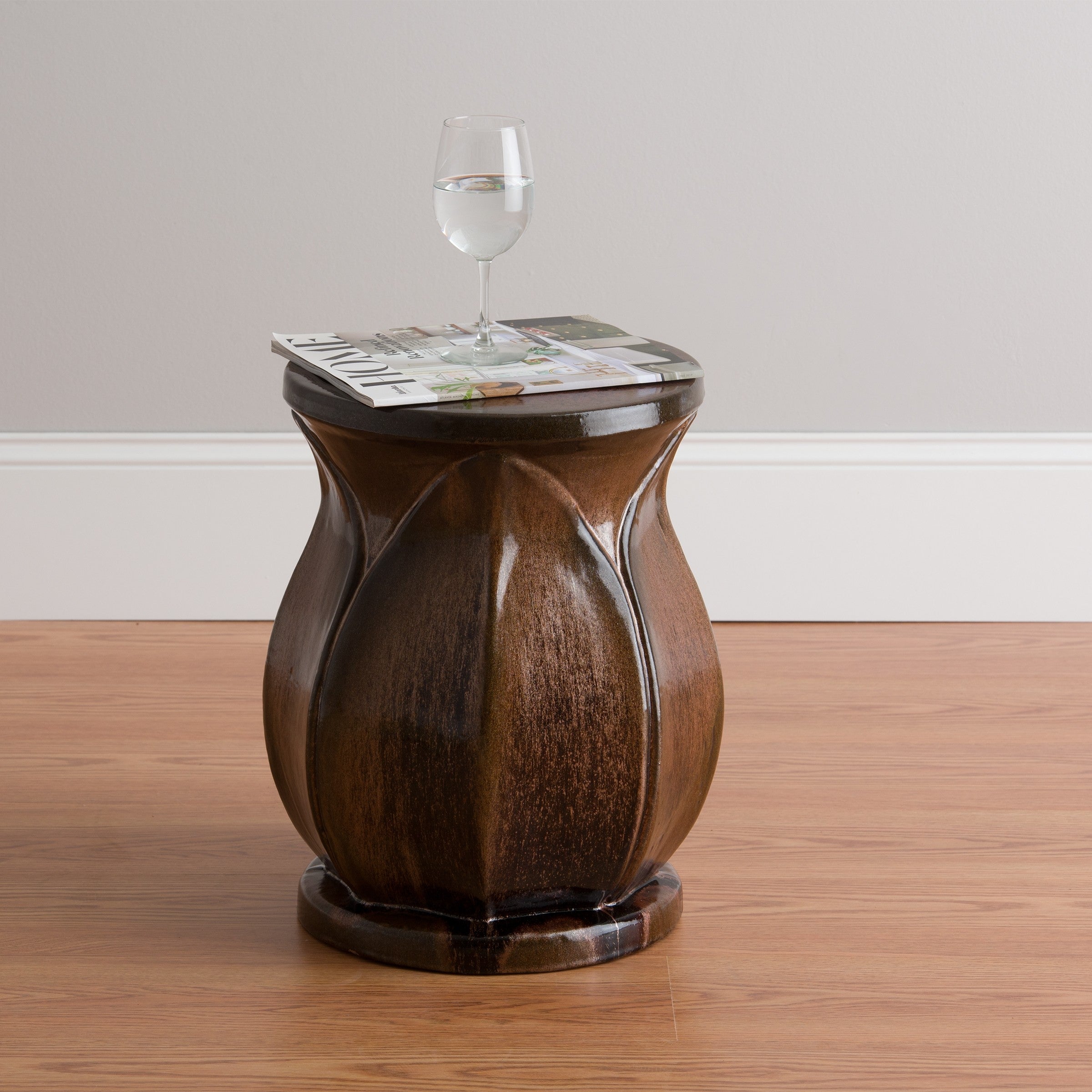 18 in. Lotus Ceramic Garden Stool/Table with a Mocha Pearl Glaze