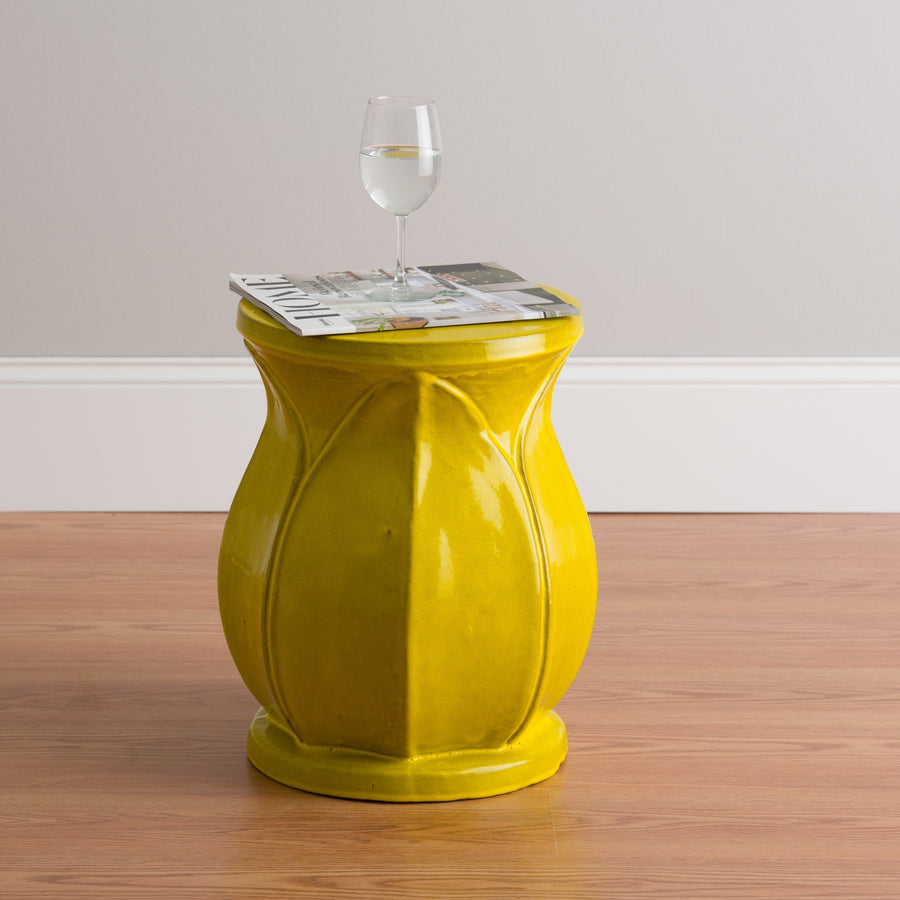 18 in. Lotus Ceramic Garden Stool/Table with a Mustard Yellow Glaze