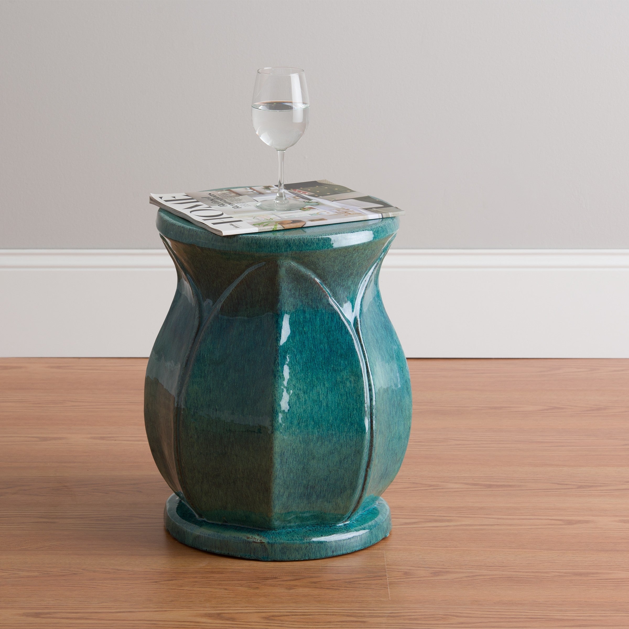 18 in. Lotus Ceramic Garden Stool/Table with a Teal Glaze