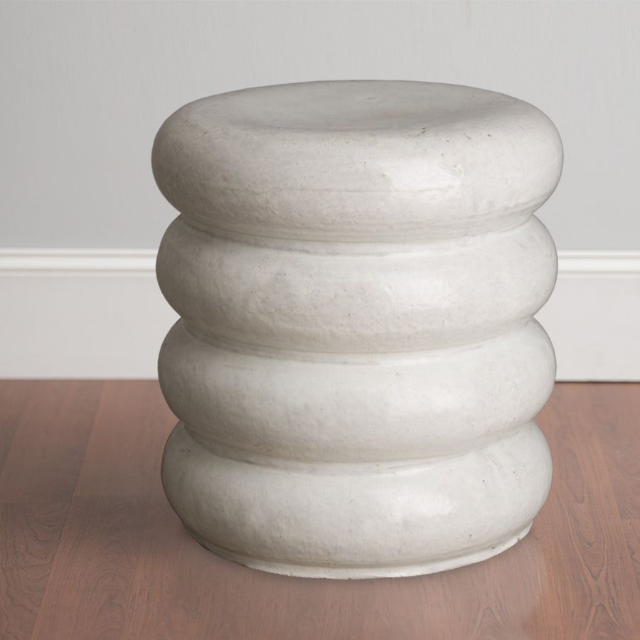 Torus Garden Stool/Table with a Distressed White Glaze