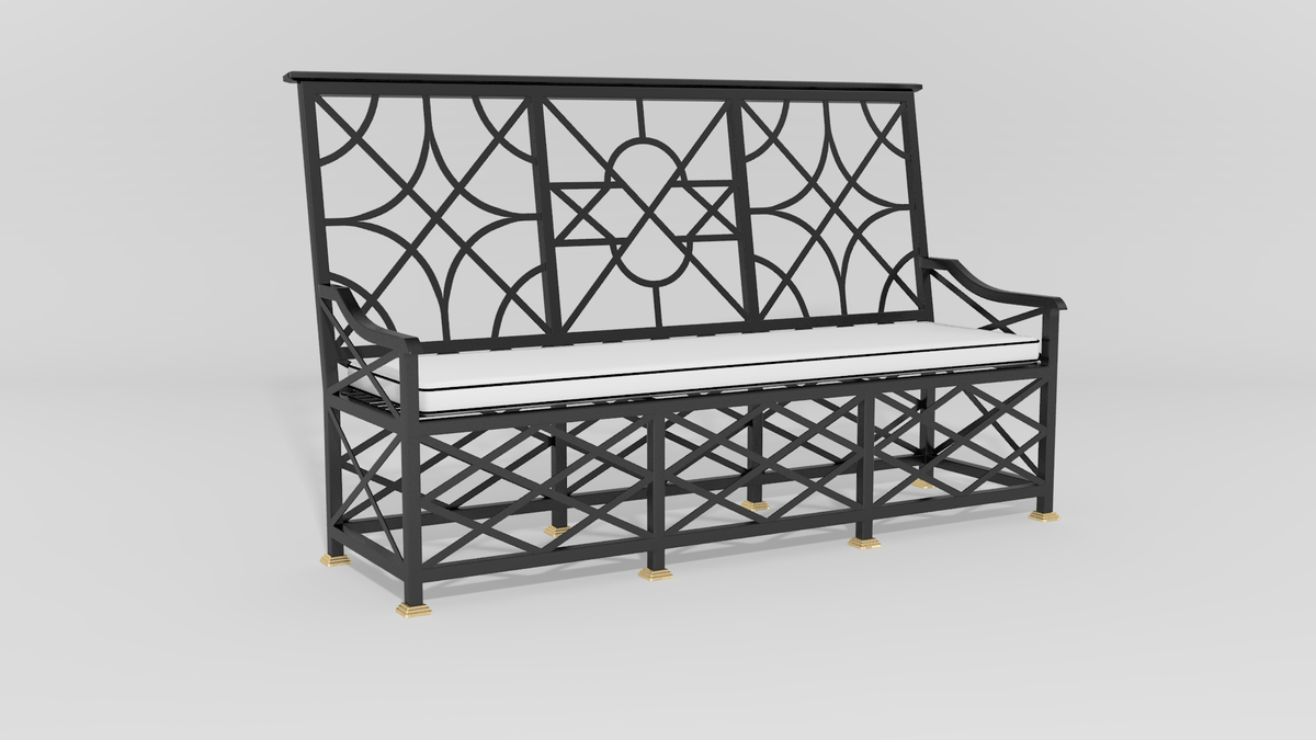 Chippendale Starback Garden Bench, angle view, black finish