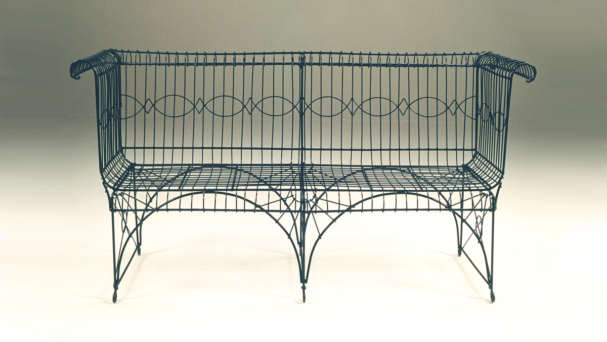 English Wire Garden Bench, front view, black finish