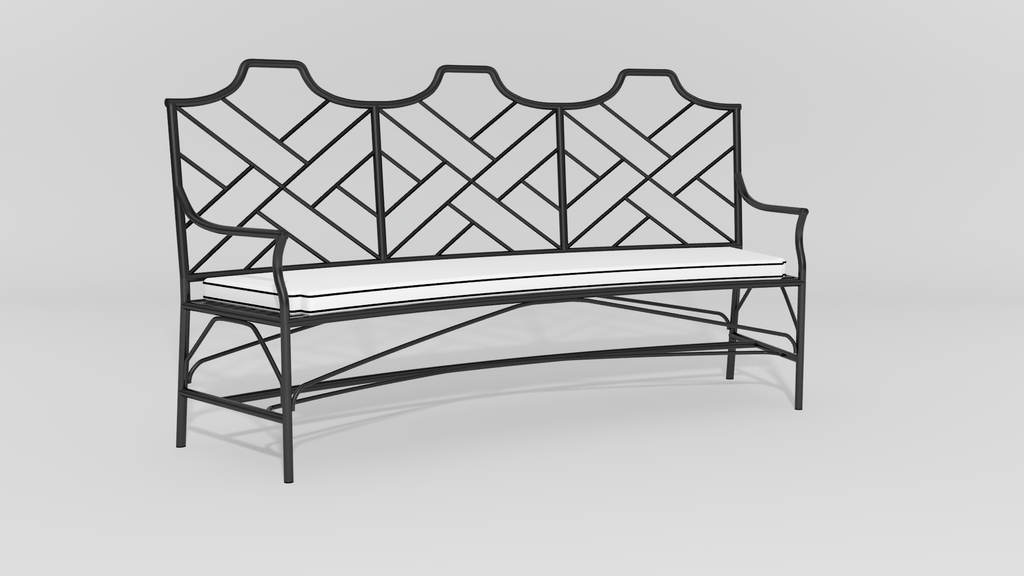 Chinese Chippendale Curved Bench, angle view, black finish