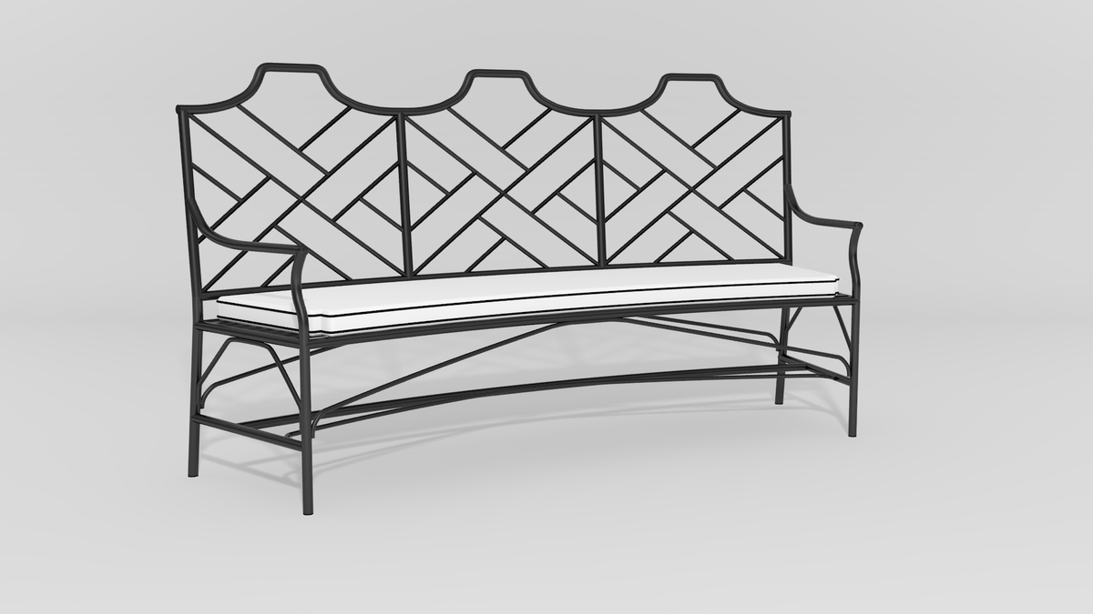 Chinese Chippendale Curved Bench, angle view, black finish
