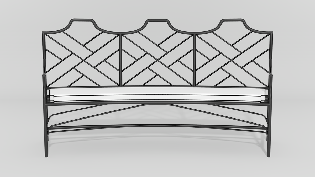 Chinese Chippendale Curved Bench, front view, black finish