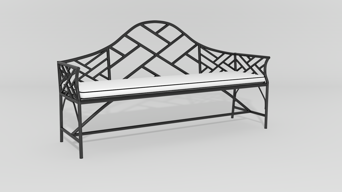 Chinese Chippendale Camelback Bench, angle view, black finish