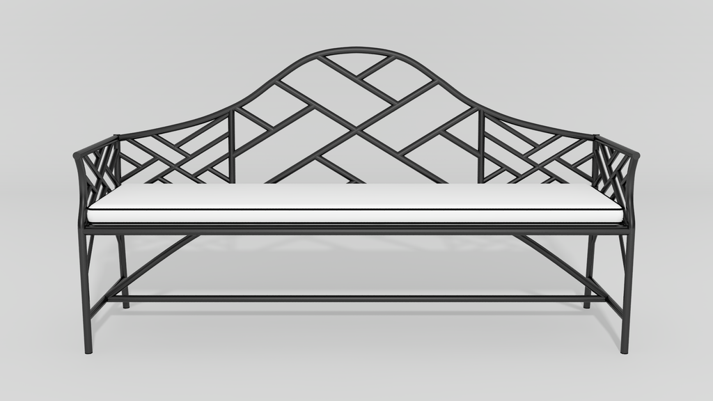 Chinese Chippendale Camelback Bench, front view, black finish