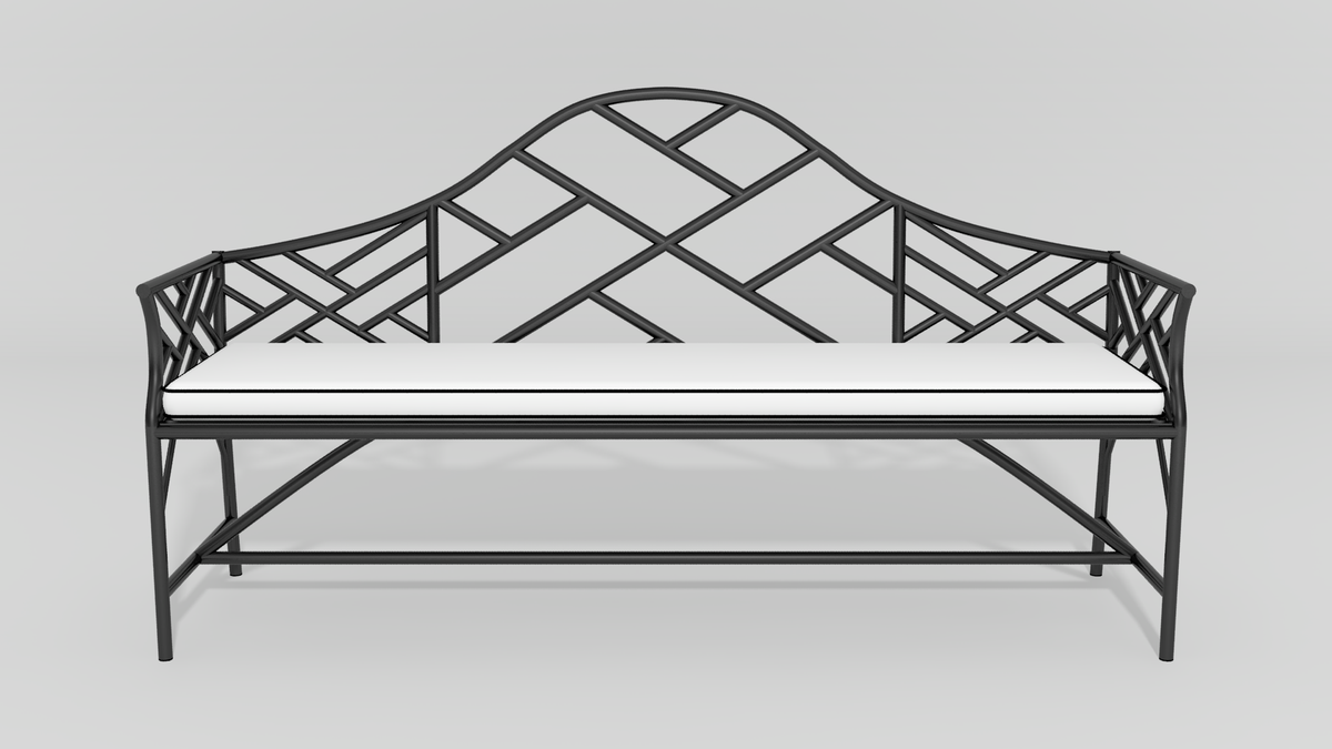 Chinese Chippendale Camelback Bench, front view, black finish