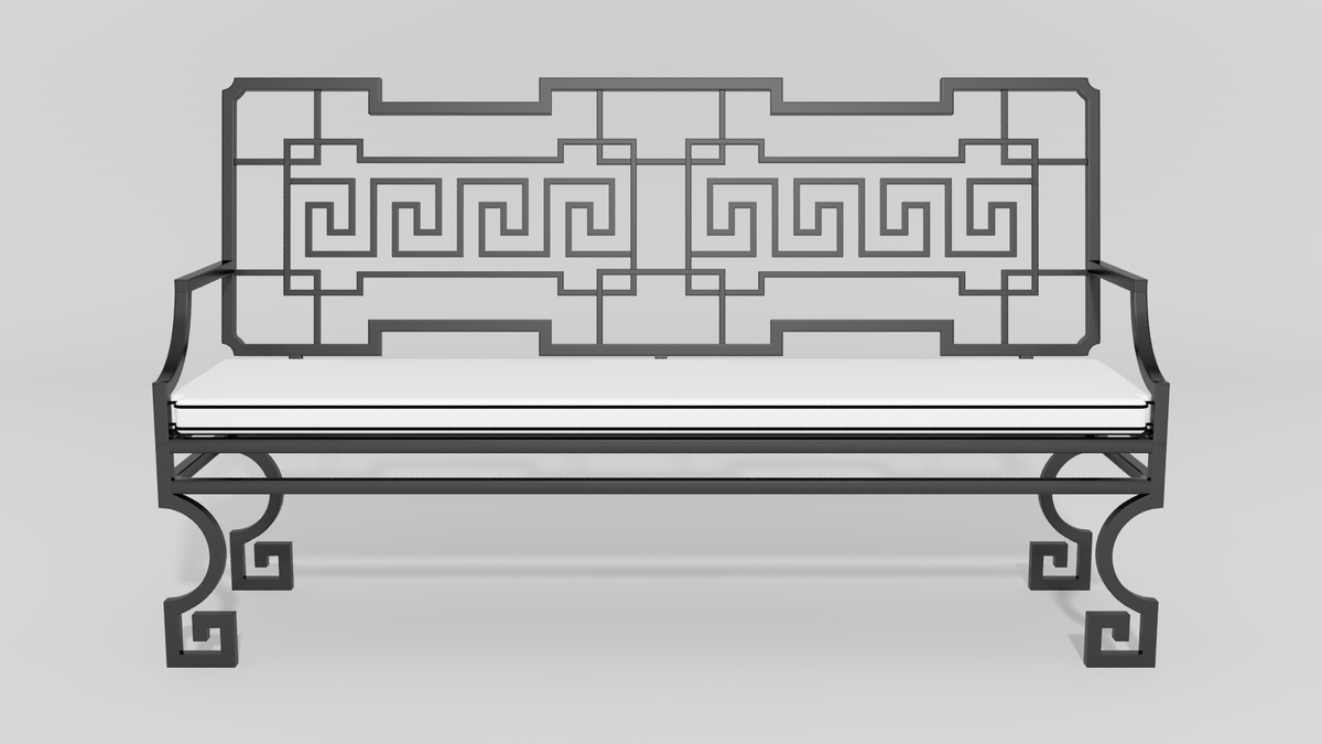 Greek Key Garden Bench, front view, black finish
