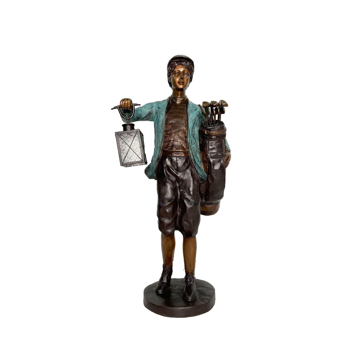 Male Golf Caddie holding Lantern Bronze Statue – view 1
