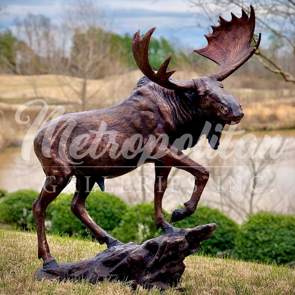 Moose on Rock Bronze Statue – view 1