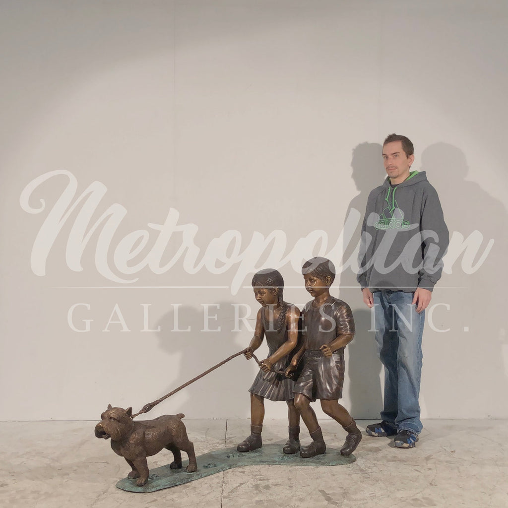 Girl & Boy Walking Dog Bronze Statue – view 2