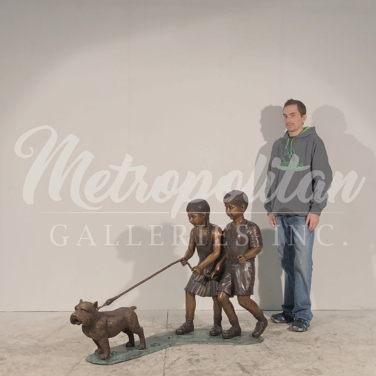 Girl & Boy Walking Dog Bronze Statue – view 2