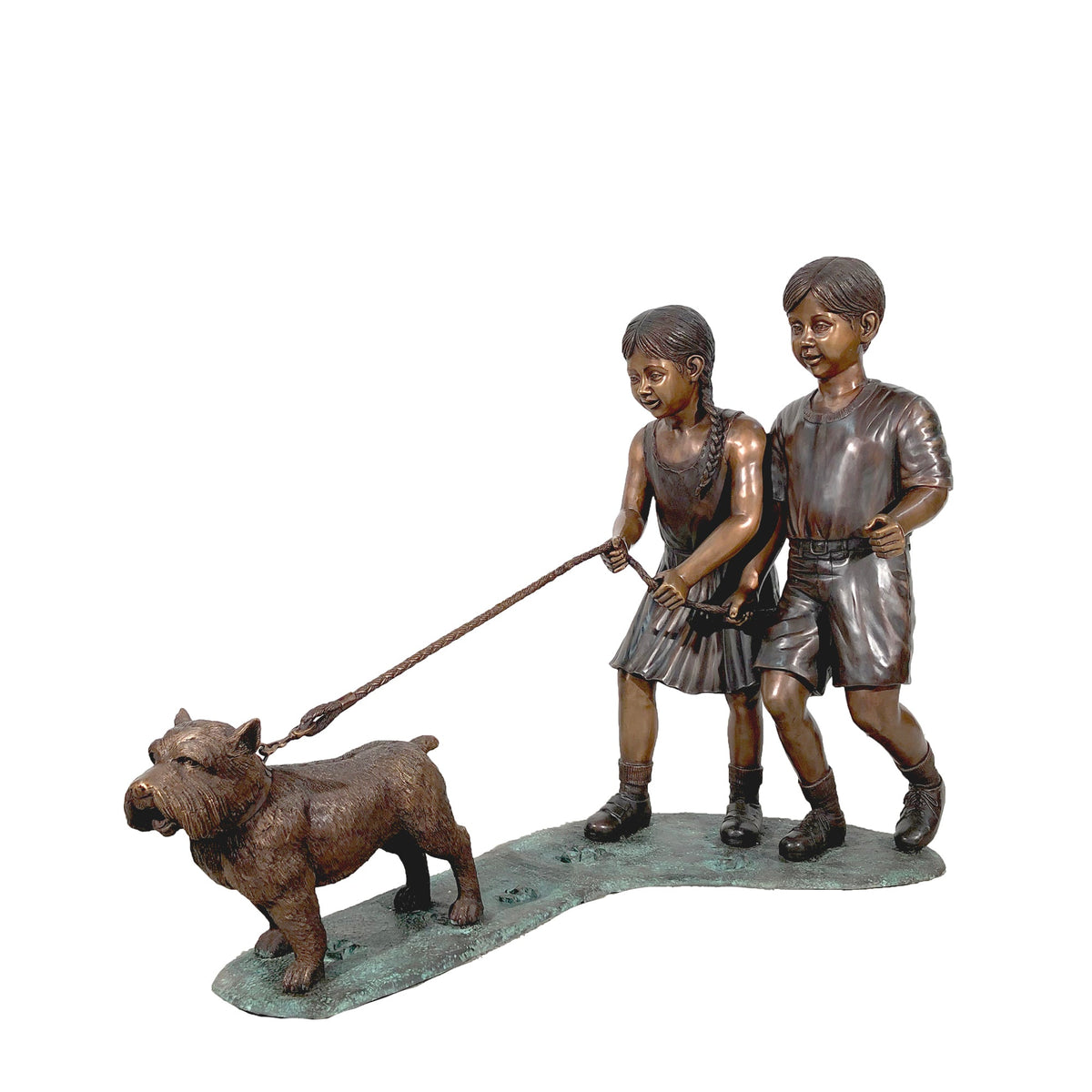 Girl & Boy Walking Dog Bronze Statue – view 1