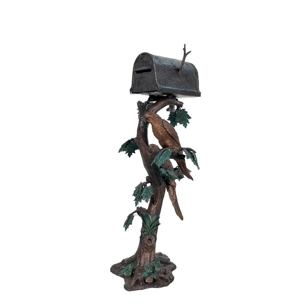 Two Parrots in Tree Bronze Statue Mailbox – view 1
