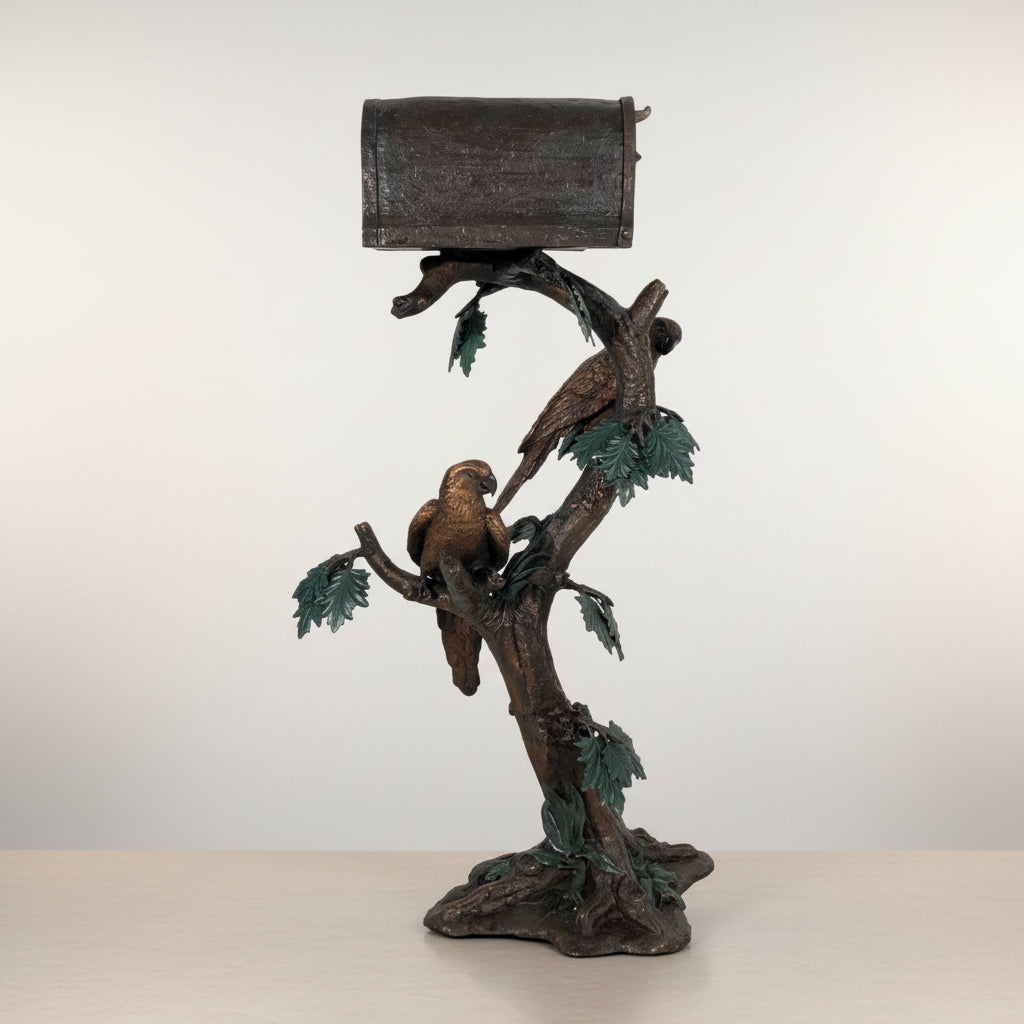 Two Parrots in Tree Bronze Statue Mailbox – view 3