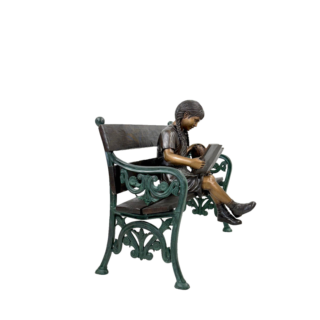 Girl Reading Book on Bench with Puppy Bronze Statue – view 3