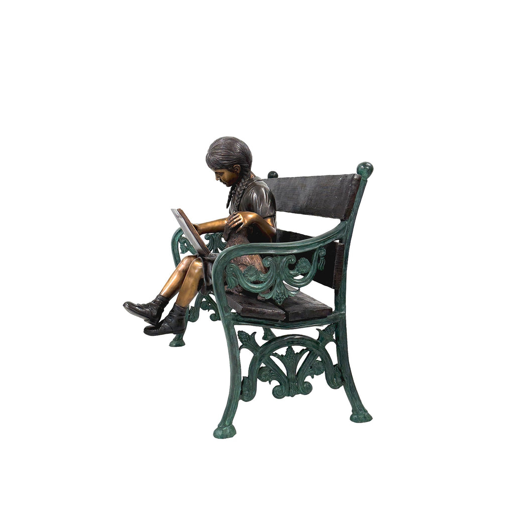 Girl Reading Book on Bench with Puppy Bronze Statue – view 2