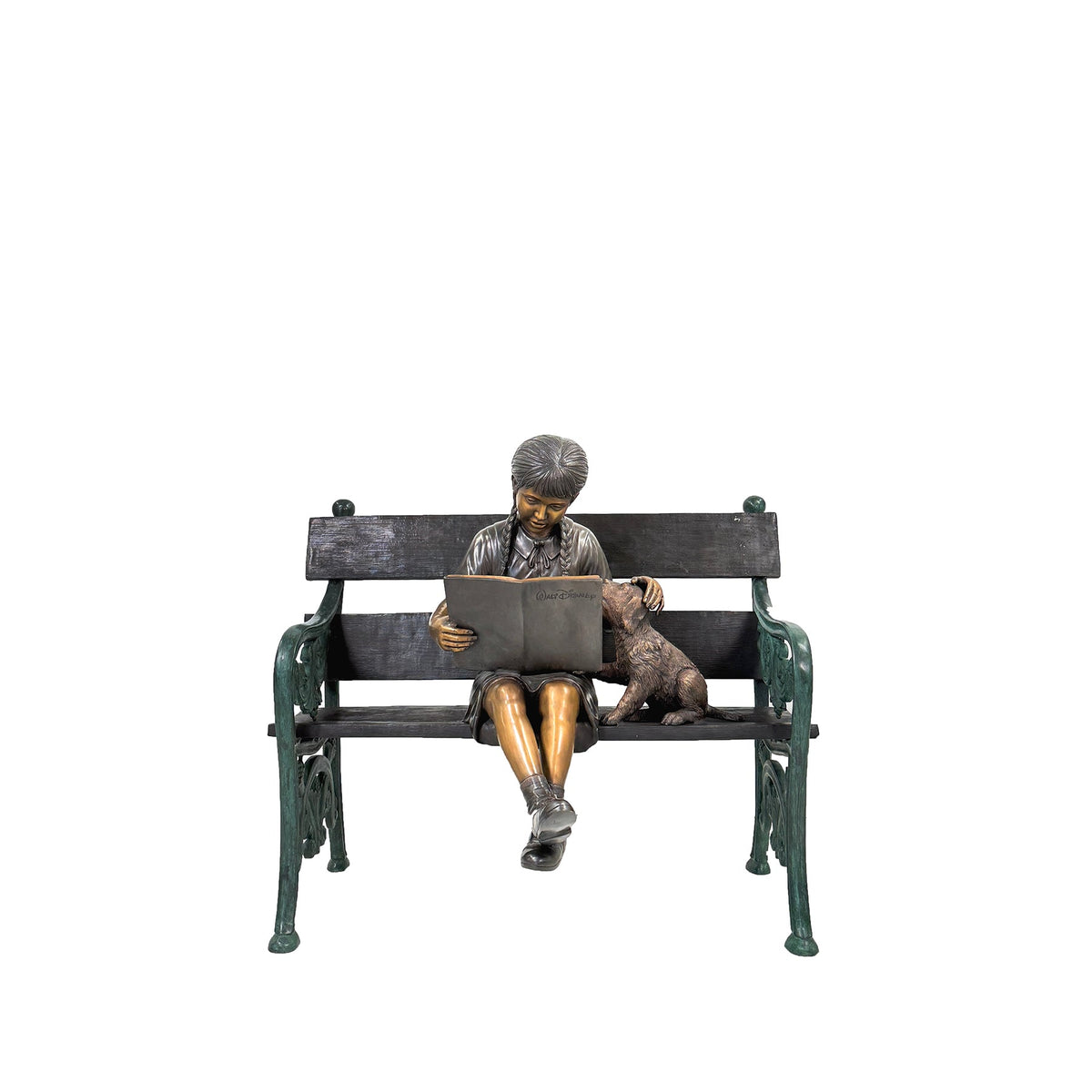 Girl Reading Book on Bench with Puppy Bronze Statue – view 1