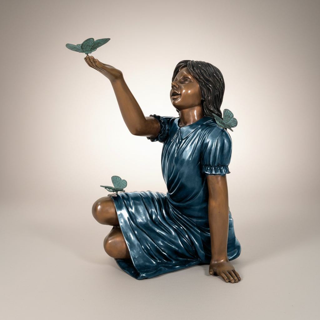 Sitting Girl with Butterflies Bronze Statue – view 4