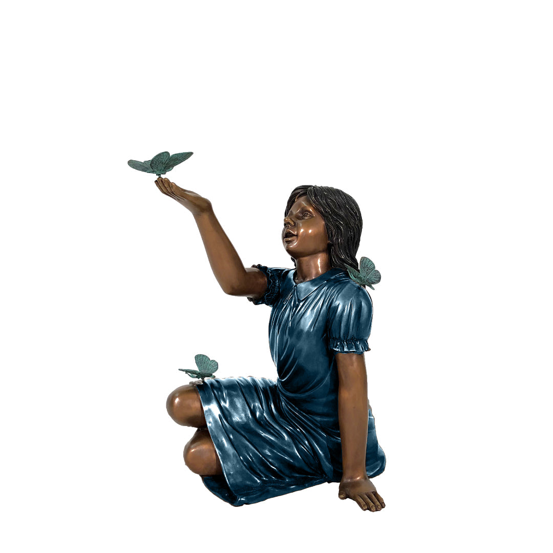 Sitting Girl with Butterflies Bronze Statue – view 3