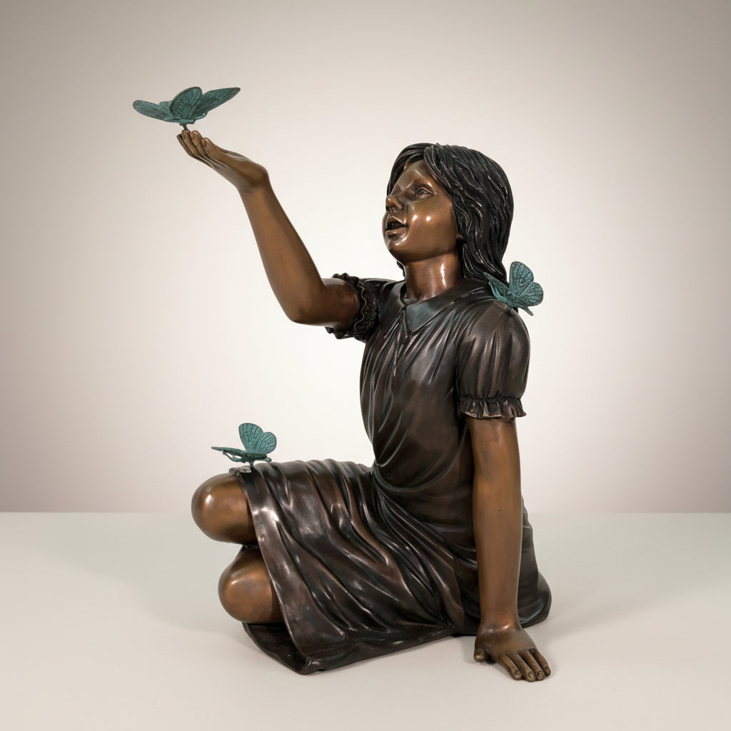 Sitting Girl with Butterflies Bronze Statue – view 2