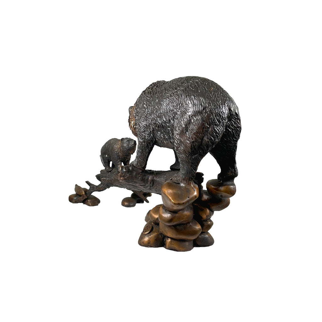 Bear & Cub on Log Table-top Bronze Statue – view 3