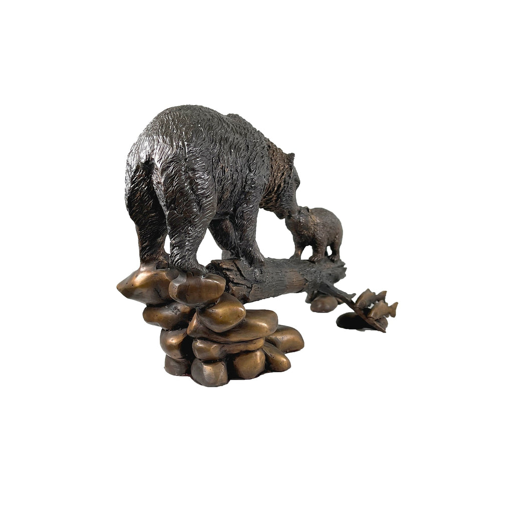 Bear & Cub on Log Table-top Bronze Statue – view 2