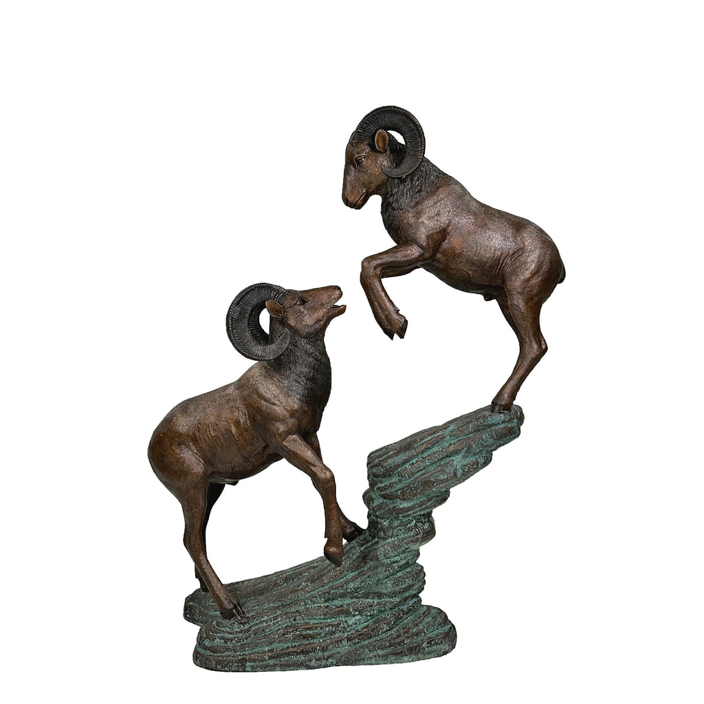 Two Rams on Rock Bronze Statue – view 3