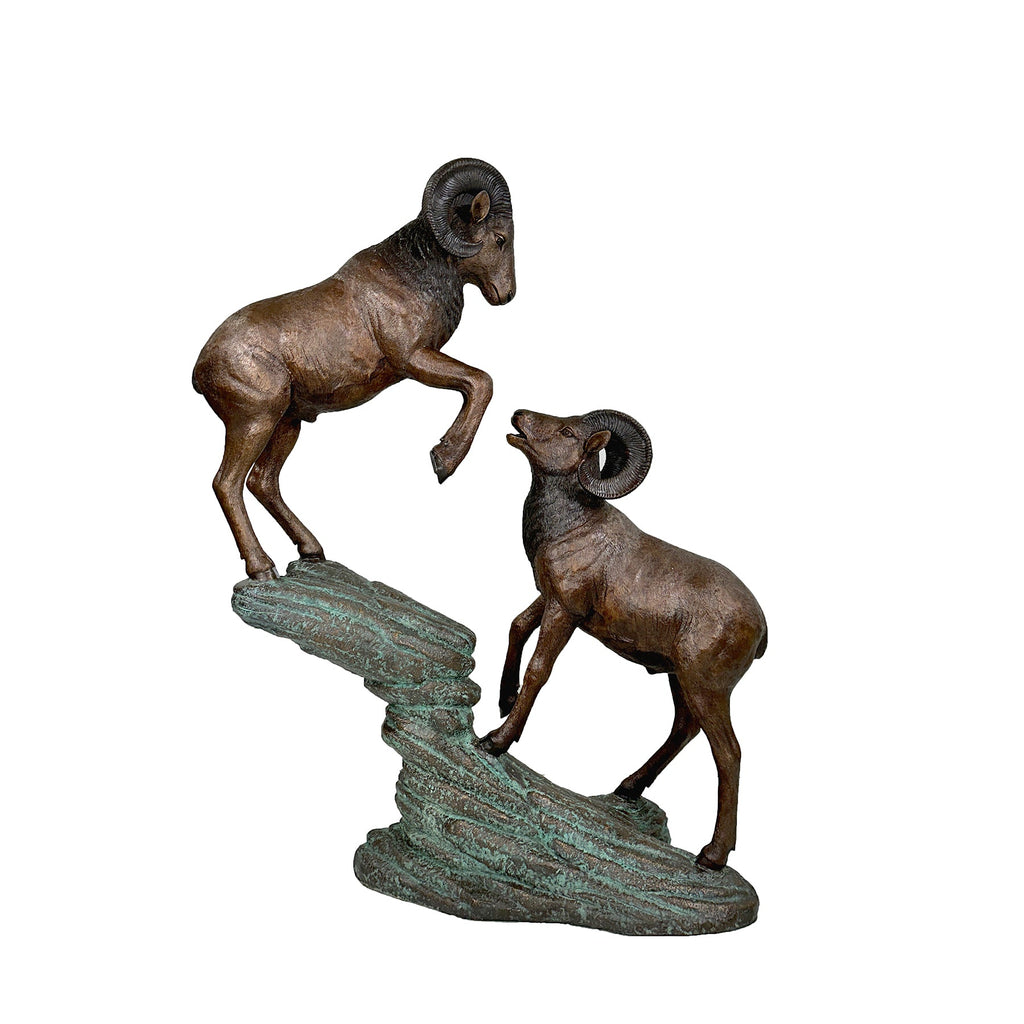 Two Rams on Rock Bronze Statue – view 1