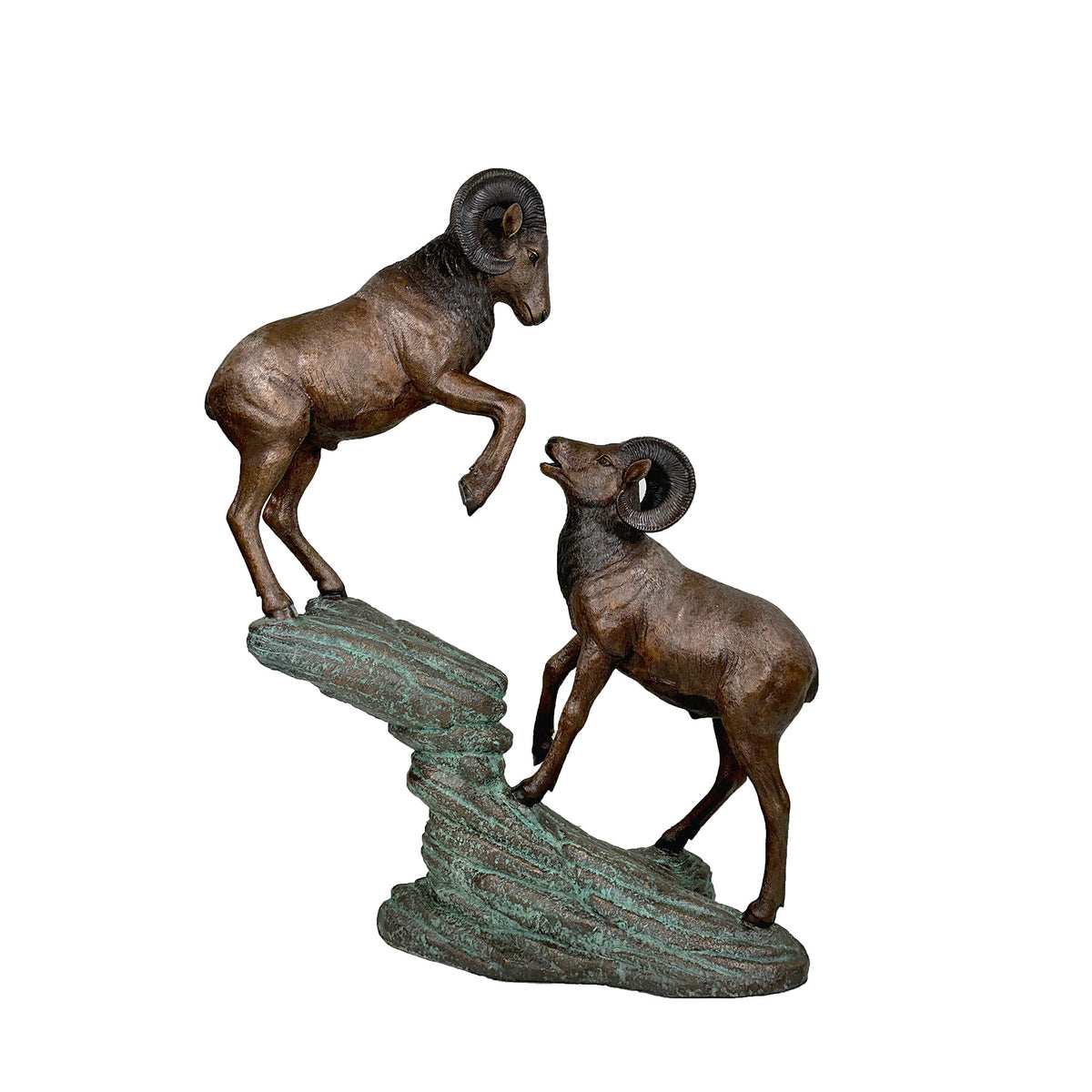 Two Rams on Rock Bronze Statue – view 1