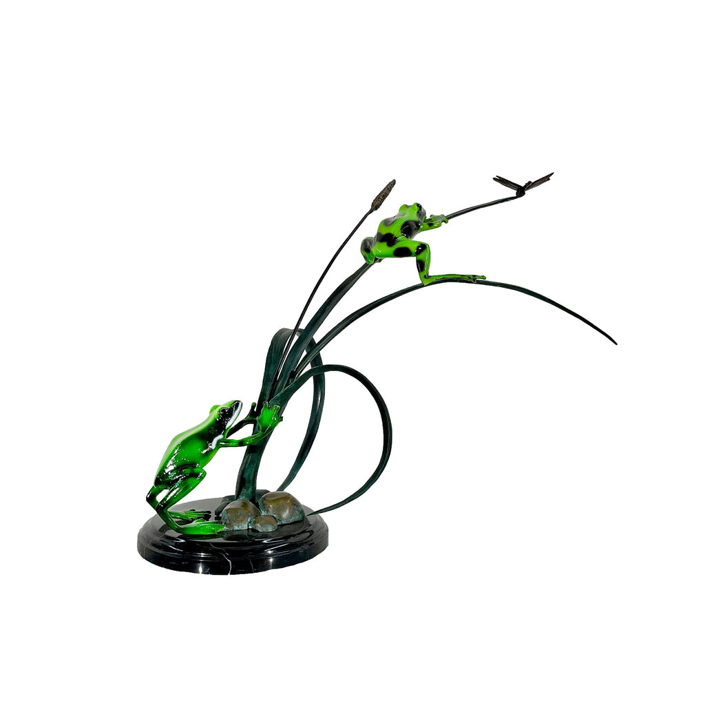 Frogs & Dragonfly on Grass Table-top Bronze Statue – view 1