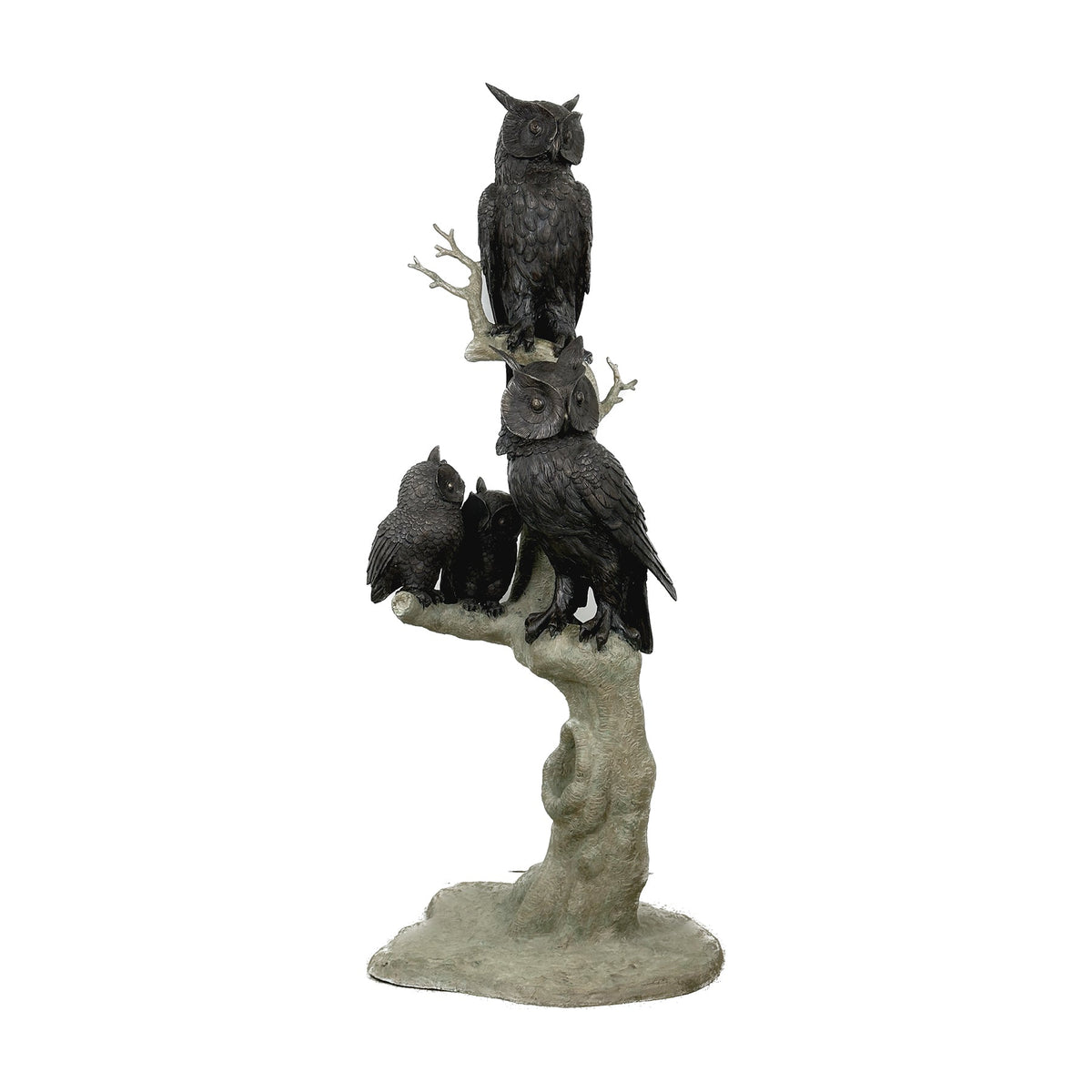 Owl Family of Four in Tree Bronze Statue – view 1