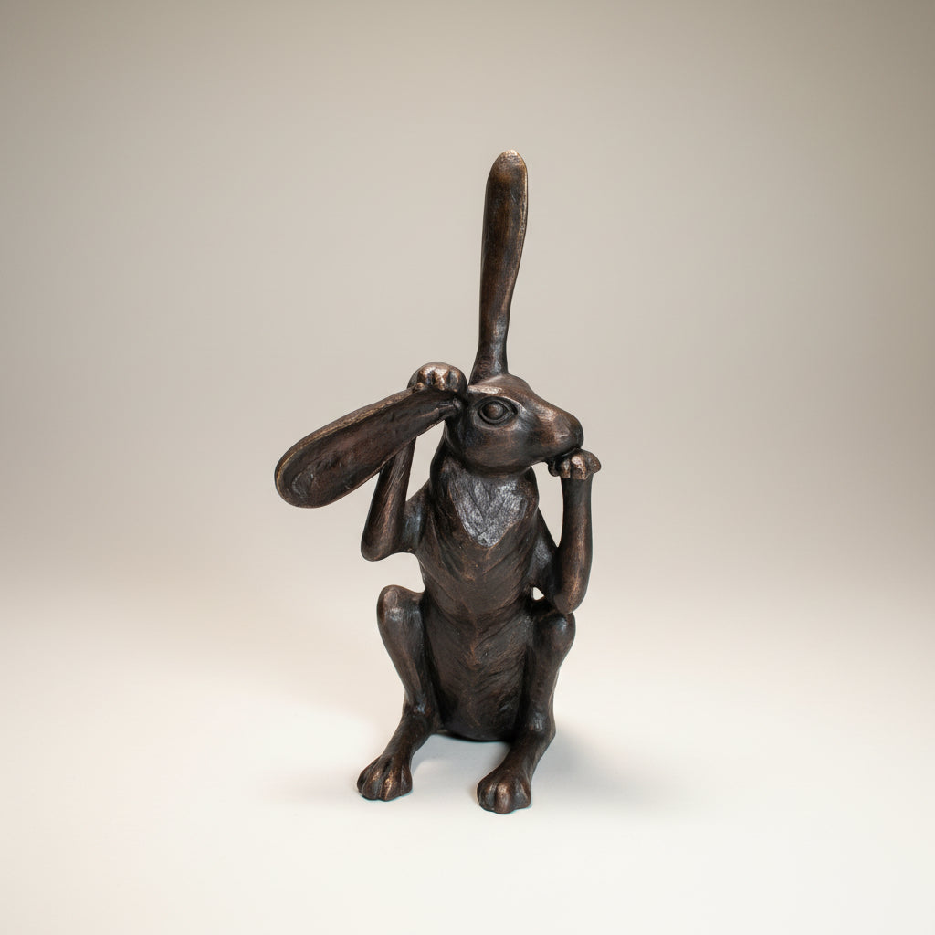 Bunny Rabbit Tugging Ear Bronze Statue – view 2