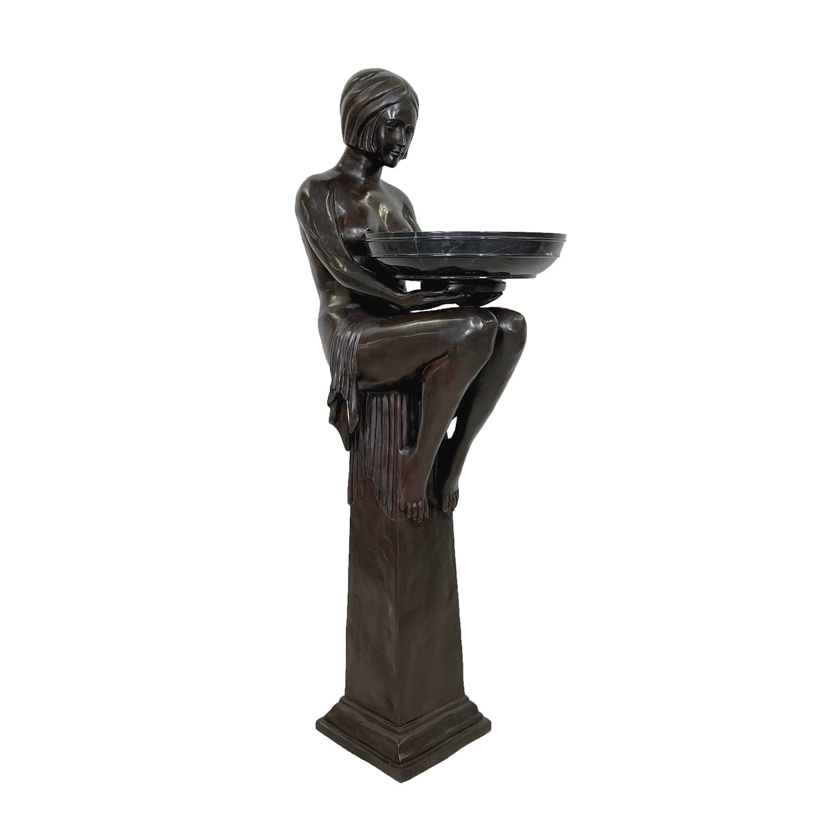 Art Deco Lady holding Marble Bowl Bronze Statue – view 1