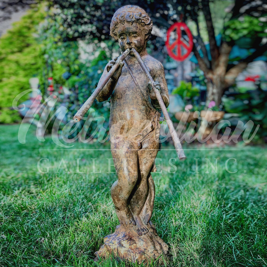 Putto with Panpipes Bronze Fountain Statue – view 1