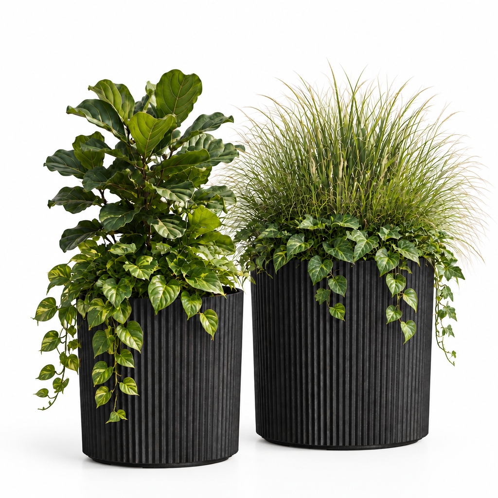 Serene Ribbed Round Planter Set (2-Pack), view 4