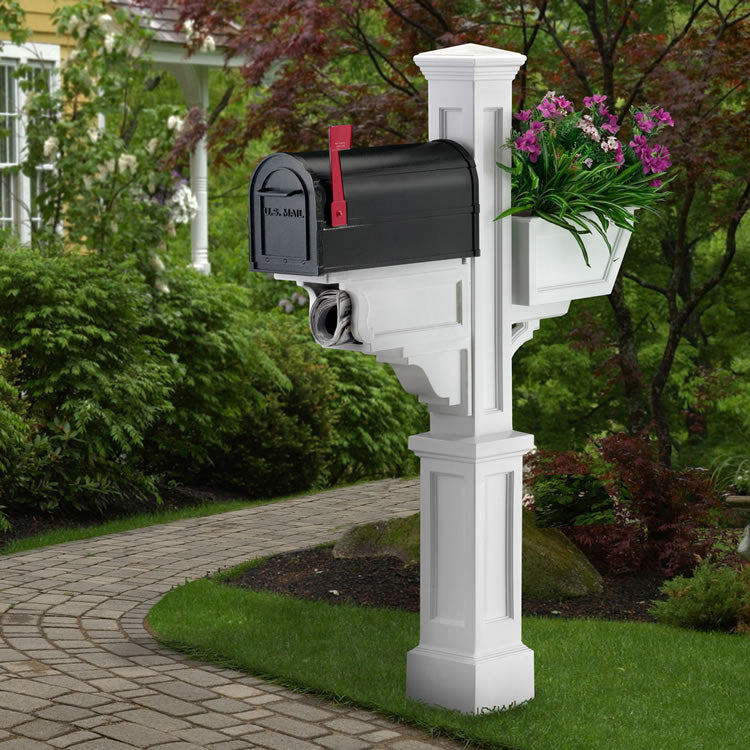 Signature Plus Mailbox Post With Flower Box - White