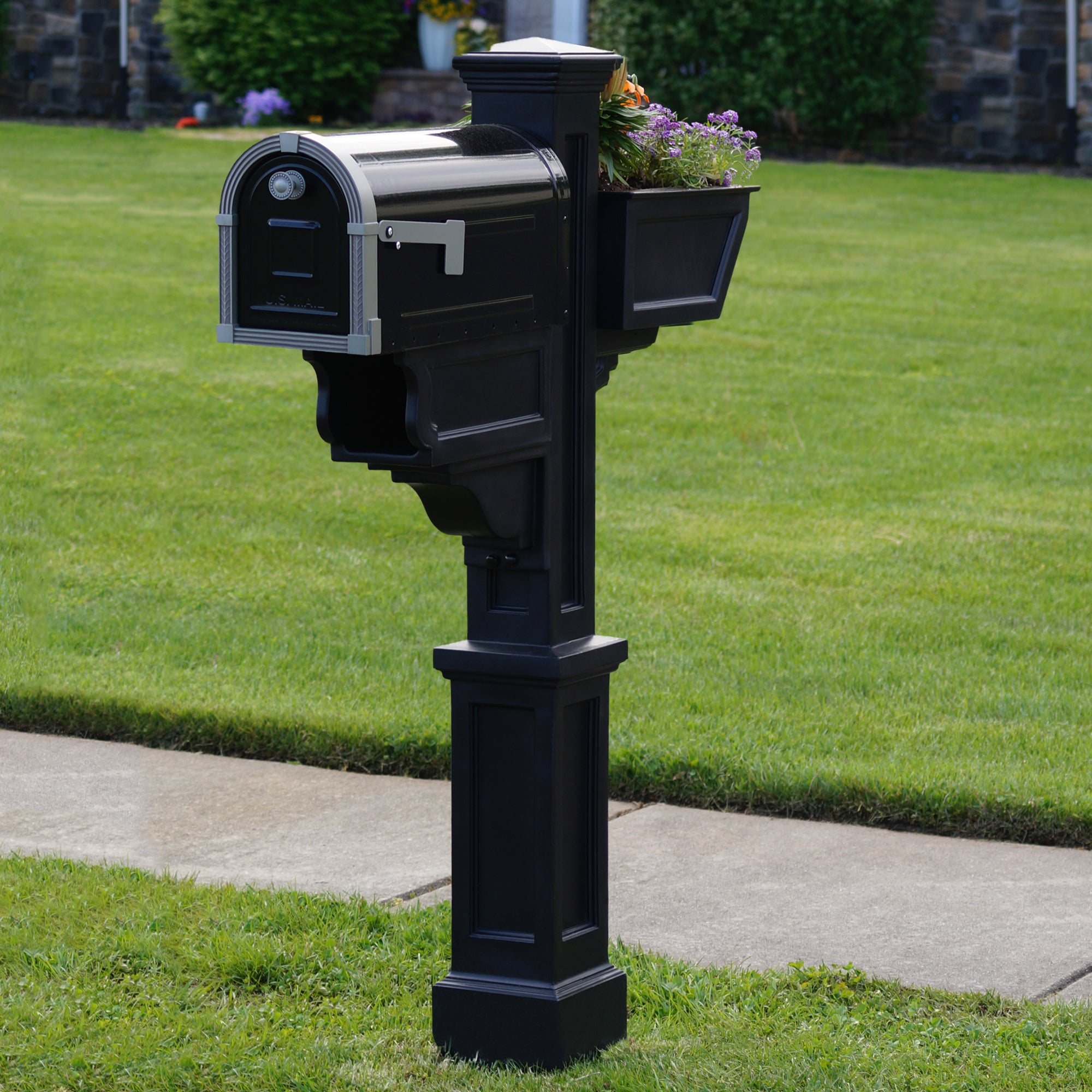 Signature Plus Mailbox Post With Flower Box - Black