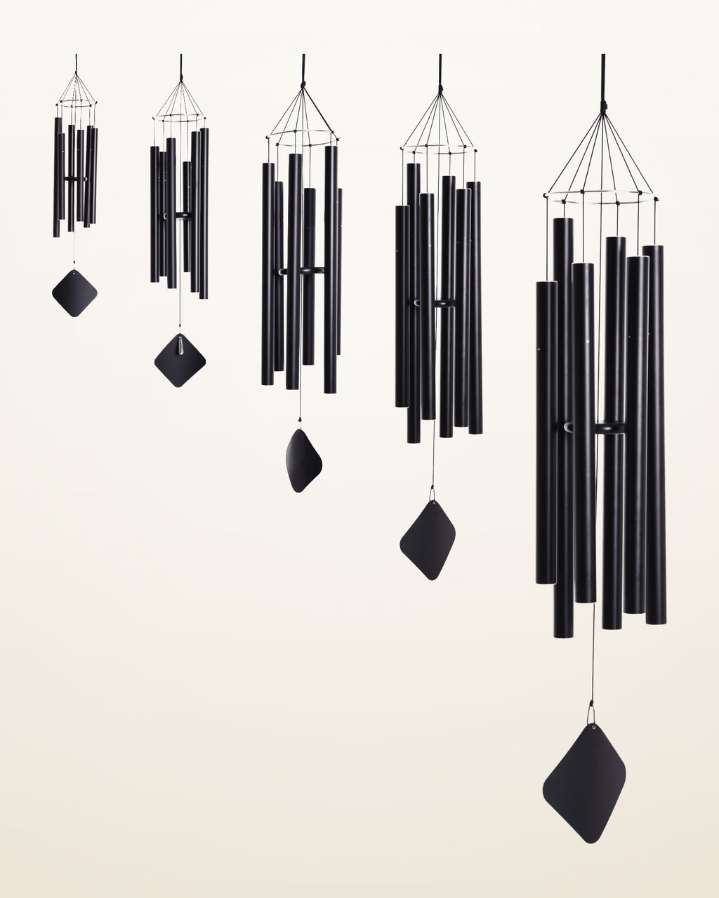 Tuned wind chime family in five sizes, soprano to bass