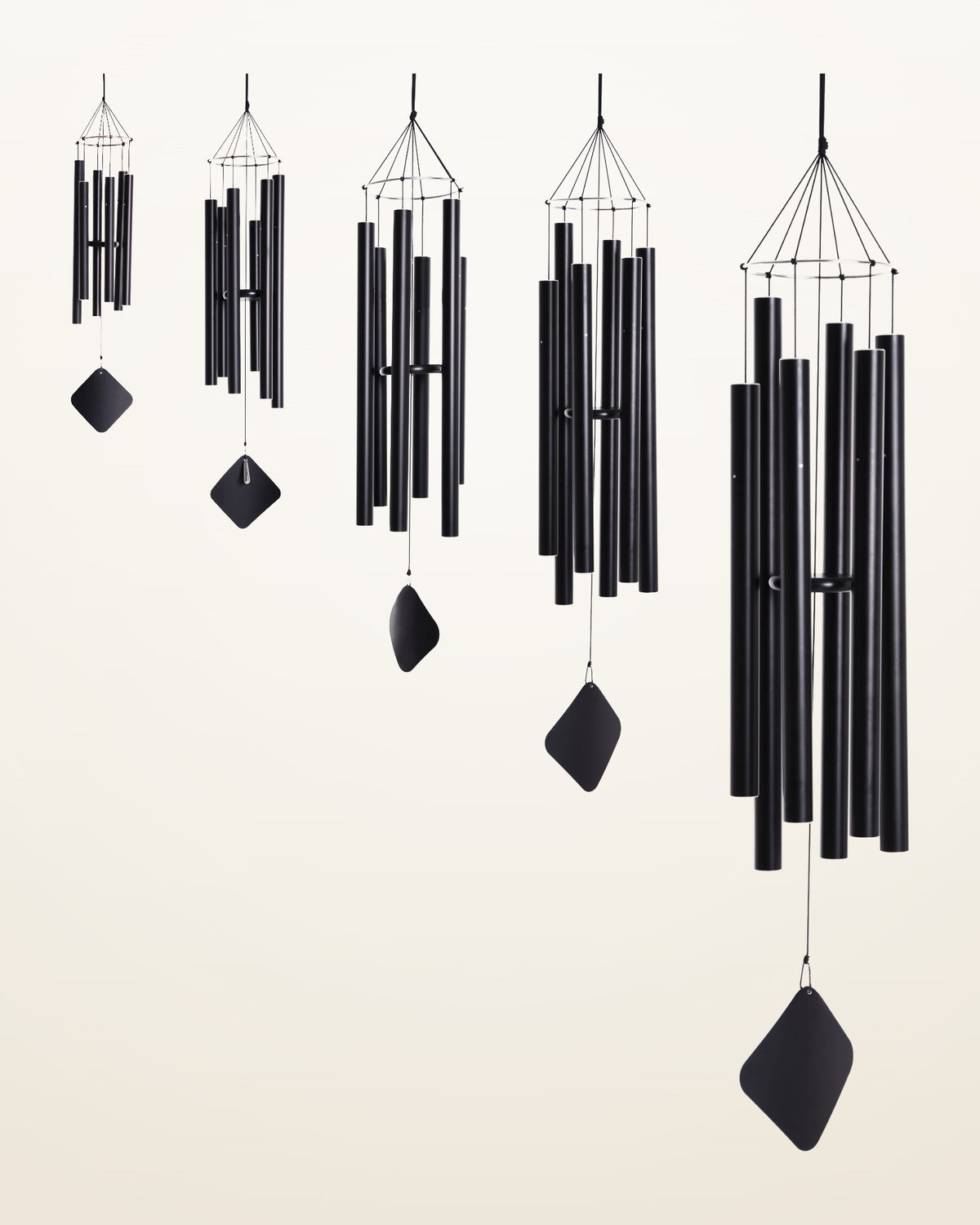 Tuned wind chime family in five sizes, soprano to bass